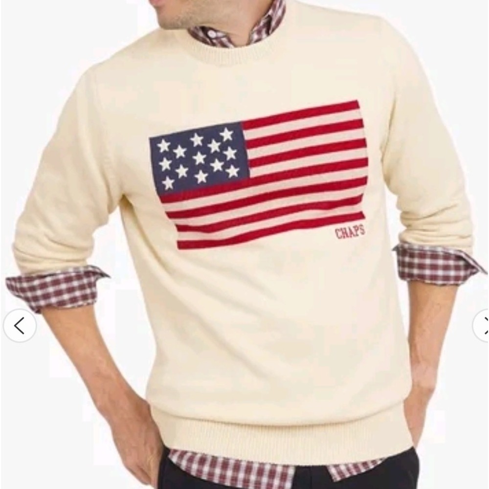Chaps Mens Beige Americana USA Flag Preppy Fisherman Crewneck Sweater 2XL NEW